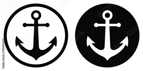 Marine anchor icon in circular badge. Nautical symbol for maritime industry, sailing, shipping, and coastal naval logistics design in minimalist black and white versions.