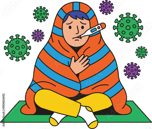 Sick Man with Fever Wrapped in Blanket with Thermometer and Virus Cells Illustration