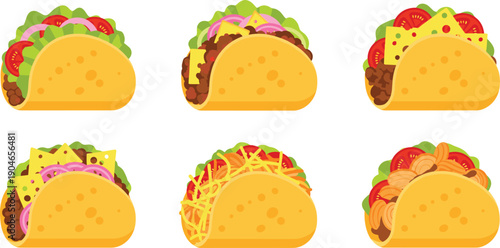 Taco Variations Collection Flat Vector Illustration Set Isolated on White Background