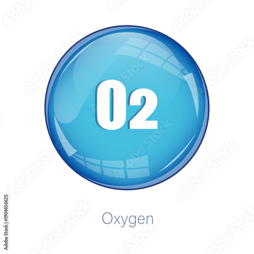 Oxygen gas icon. Cyan air sphere. Chemical O2 Vector. Glossy formula button.