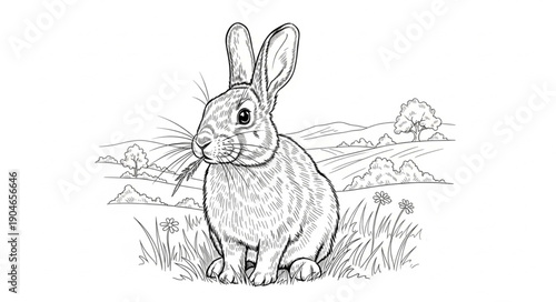 Line Art Drawing of a Rabbit Eating Grass in a Field.