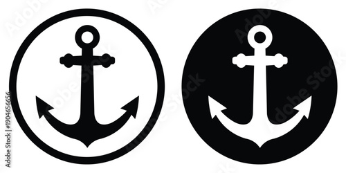 Marine anchor icon in circular badge. Nautical symbol for maritime industry, sailing, shipping, and coastal naval logistics design in minimalist black and white versions.