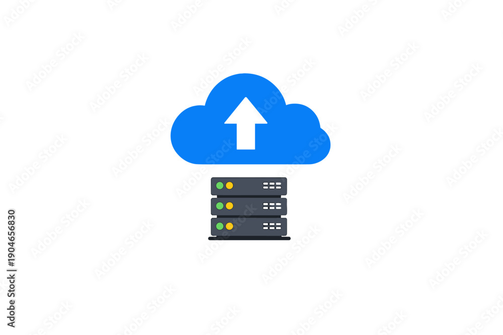 Fototapeta premium Cloud storage service with upload icon and server stack showing data transfer activity in a digital environment