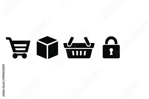 Icons showing shopping cart, package, basket, and padlock that represent online shopping and secure transactions in a digital space on a plain background