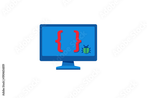 Computer screen shows coding symbols and a bug icon representing software issues during a programming session at a tech workspace in the afternoon