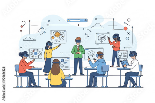 Immersive Learning: A group of students explores the realm of augmented reality through innovative headsets, diving into a dynamic learning environment and interactive technology. 