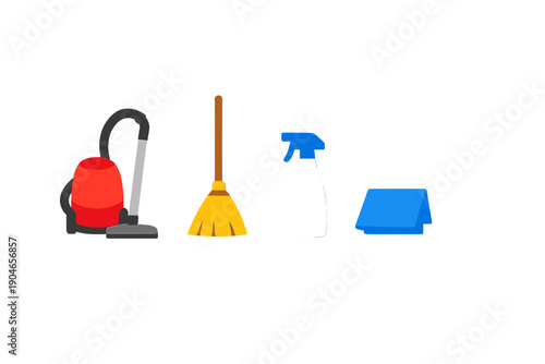 Cleaning tools display at home with vacuum, broom, spray bottle, and cloth in bright setting