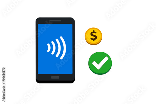 Smartphone showing payment confirmation with coins indicating a transaction on a simple background
