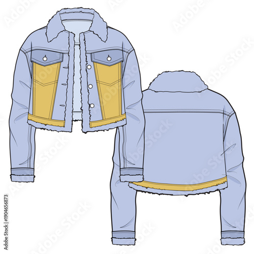 Fleece denim jacket vector mockup template technical flat design.