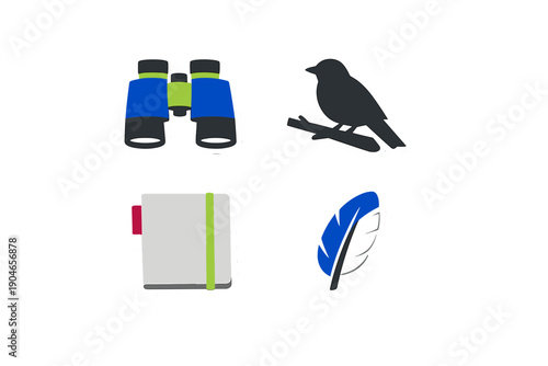 Various nature and wildlife related stickers including binoculars, a bird on a branch, a notebook, and a feather