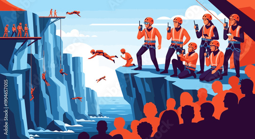 Crowd of spectators watches cliff diving competition from a rocky cliff edge and blue sea backdrop.