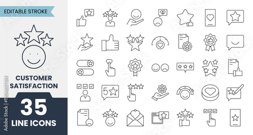 Customer satisfaction line icons set with editable stroke. Contains icons related to customer experience, review, rating, like, dislike, survey and more. Vector illustration