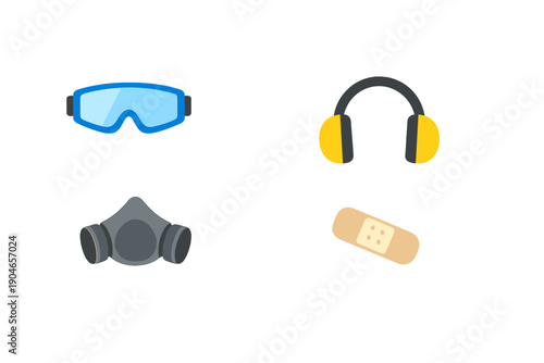Safety gear on display with goggles, gas mask, headphones, and bandage arranged on a simple background