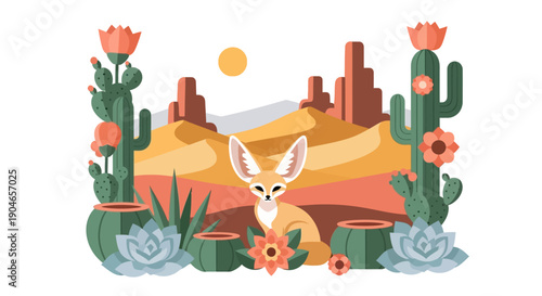 Desert Landscape Featuring a Rabbit, Cacti and Sunset in a Stylized Illustration.