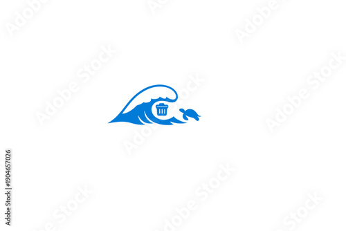 Wave and turtle graphic showing the impact of pollution in oceans with a trash can symbol in a stylized wave
