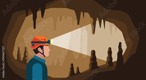 Cave explorer in helmet with headlamp navigating cavern interior during a spelunking adventure.