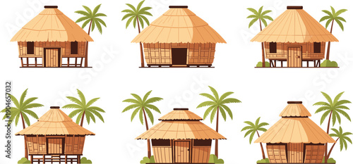 Tropical Bamboo Hut Houses Collection Flat Vector Illustration Set Isolated on White Background