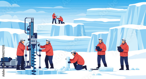 Team of workers harvesting ice from glaciers in a cold Arctic landscape.