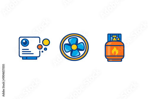 Different types of appliances including a camera, a fan, and a gas cylinder are shown in a simple layout emphasizing their distinct shapes and functions in daily life scenarios