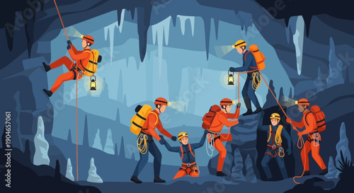 Group of climbers navigating icy cave walls with ropes and helmets.