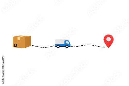 Delivery process involves a cardboard box, a delivery truck moving along a path, and a location marker indicating the final destination on a simple background