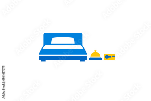 Bed with a nightstand and a bell in a simple room during the day for guests to relax after a long journey or after a busy day of activities