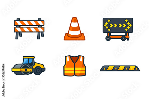 Construction tools include safety vests, traffic cones, warning signs, and heavy machinery at a road work site during daylight hours