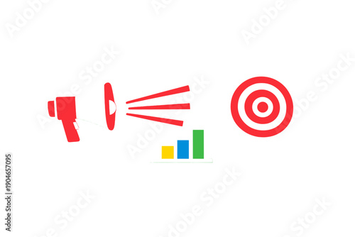 Marketing strategy using a megaphone, bar graph, and target to show communication, growth, and focus for business goals in a digital space