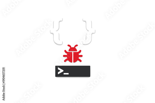 Graphic shows a bug icon and code symbols representing programming and debugging process in software development