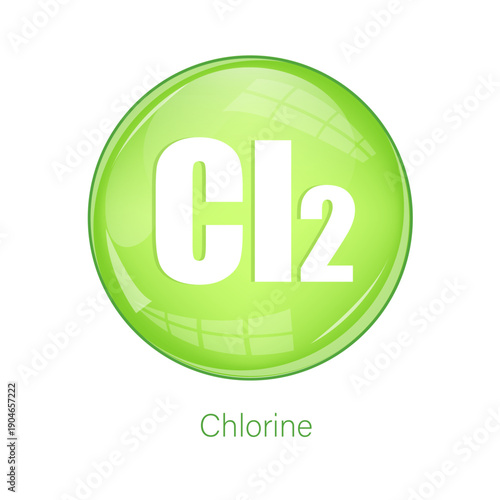 Chlorine gas symbol. Cl2 chemical icon. Green glossy sphere. Vector science element.