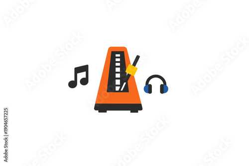 Orange metronome with music notes and headphones used for practicing timing in music during a lesson or rehearsal