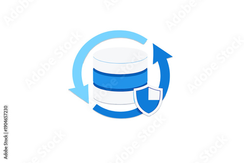 Data protection shield icon with blue arrows showing data backup process in a technology setting