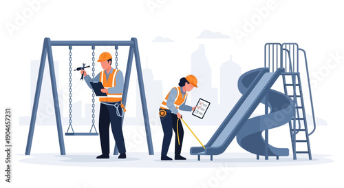 Maintenance workers repair playground equipment at outdoor park with swings and slide.