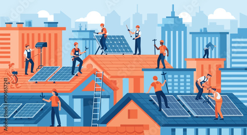 Busy urban rooftop scene showing diverse people collaborating against a city skyline.