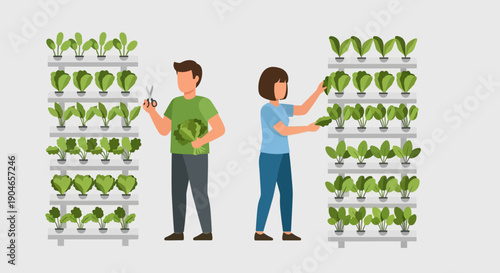 Two People Harvesting Green Leafy Plants on Vertical Shelves in a Farm Setting.