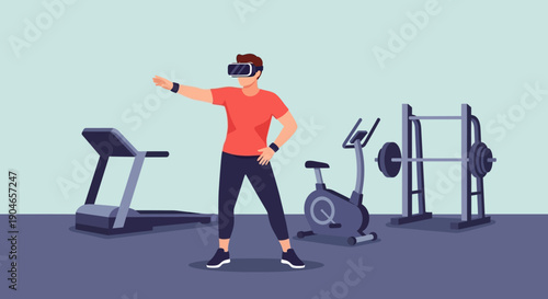 Athlete in a modern gym performing cardio and strength training with treadmills, bikes, and free weights.