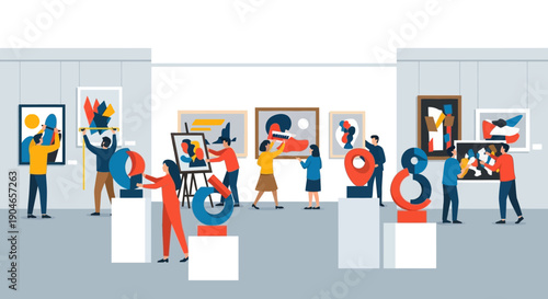 Vibrant gallery exhibition featuring diverse visitors admiring colorful artworks.