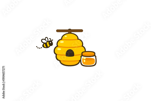 Honey bee visits beehive near jar of honey during daytime in a simple and bright setting