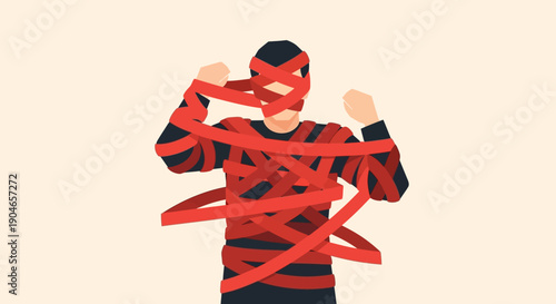 Two People Entangled in Red Tape: A Symbolic Embrace.