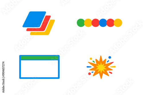 Colorful shapes and symbols appear on a white background, showing various designs and patterns, creating a lively visual display