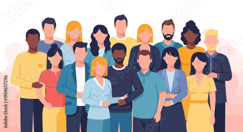 Diverse group of people standing together in a colorful crowded illustration showing unity and togetherness.
