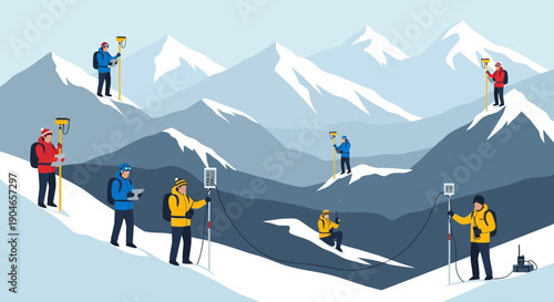 Group of skiers enjoying a snowy alpine landscape with mountain peaks under a clear blue sky.