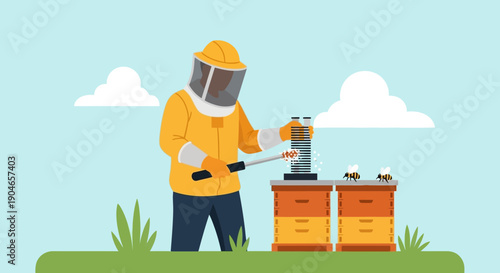 Beekeeper in protective suit inspecting wooden beehives in a sunny outdoor environment.
