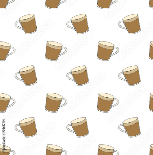 Coffee cups Cafe seamless pattern. hand drawn illustration. Vector graphic line ink colored art. Silhouette sign for logo, print, comics, fashion, pop art, boards, design, stickers, decoration