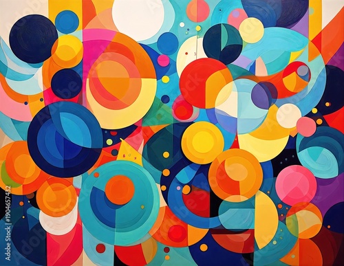 a vibrant abstract painting of overlapping colorful circles and geometric shapes on a textured background
