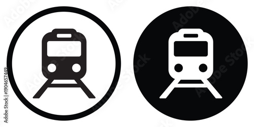 Front view train icon in circular badge. Public transportation symbol for metro, subway, and railway transit systems in urban city infrastructure design.