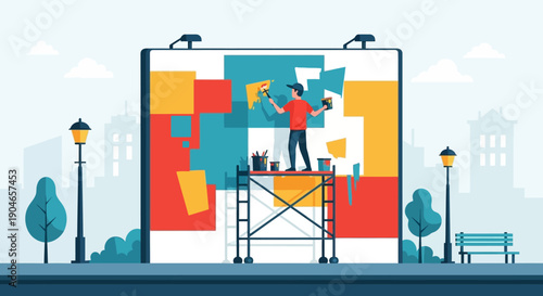 Illustrated urban teamwork on a large digital billboard with professionals collaborating.