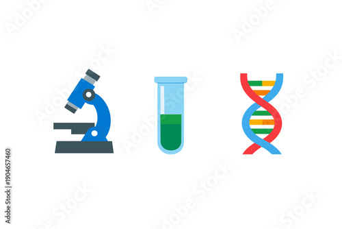 Microscope, test tube, and DNA helix represent key tools in scientific research and biology studies in a classroom or lab setting
