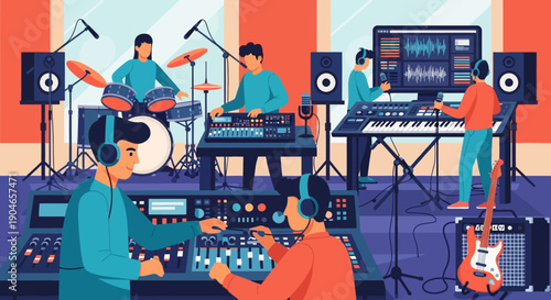 Colorful band rehearsal in a vibrant recording studio with multiple musicians and gear.