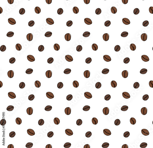 Vector coffee pattern with random beans. Cafe seamless pattern. hand drawn illustration. Vector graphic line ink colored art. coffee background. Coffee Beans Illustration for packaging.